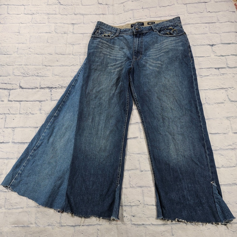 Ecko Unltd Baggy Fit Jeans Mens 38 Blue Custom Flared Raw Hem Y2K Streetwear